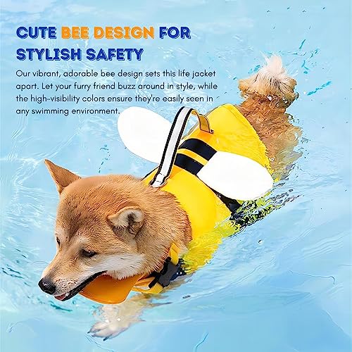 Dog Life Jacket with Cute Bee Design, Extra Chin Support, Reflective Accents and Strong Rescue Handle with Safety Leash Attachment