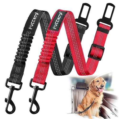 2 Pack Dog Seat Belt Adjustable Dog Car Seatbelts for Vehicle Nylon Pet Safety Seat Belt with Elastic Bungee Buffer Reflective & Durable Car Harness for Dogs (Black + Red) - color: Black + Red