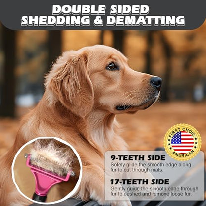 3PCS Pet Grooming Rake & Metal Comb & Flea Comb for Cats and Dogs, Double-Sided Dematting Tool, Extra-Wide Deshedding Dog Brush for Long Hair to Effectively Remove Tangles, Knots and Mats (Pink) - color: Pink