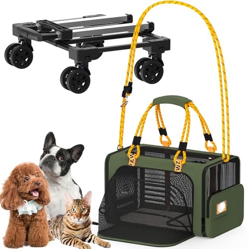 PAWZIDEA Expandable Pet Carrier with Wheels, 18"x11"x11" TSA Airline Approved Cat Carrier for 2 Cats Under Seat, Collapsible Soft-Sided Small Dog Rolling Travel Bag with Telescopic Handle, Up to 18lbs - color: Dark Green-Wheels