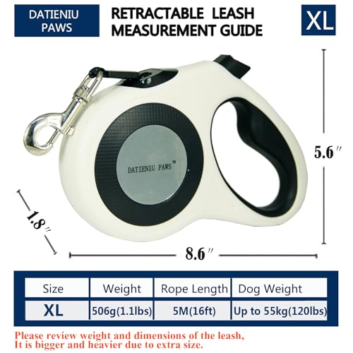 XL 16FT Retractable Dog Leash for Large Dog up to 120 lbs, Chew Proof Steel Wire Extender, One-Hand Brake & Lock, Tangle-Free Heavy Duty Walking Leash XL White - color: White