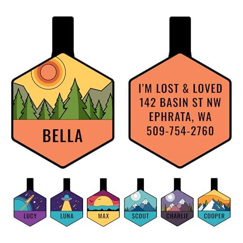 GoTags Silent Dog Tag, Personalized Engraved Hexagon Silicone Pet ID Tag | Dog and Cat Name, Number Address or Message, 5 Lines Custom Text, Soundless No More Jingling Dog Tags (Forest Gold) - size: Hexagonal (Pack of 1), style: Forest Gold