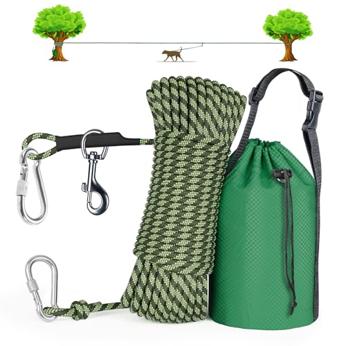 Tresbro Dog Camping Leash, 50ft/75ft/100ft Trolley System for Dogs up to 300lbs, Portable Lightweight Runner Lead for Yard, Reflective Dog Tie Out Cable for Camping, Courtyard, Park, Outside - color: Armygreen, size: 75FT
