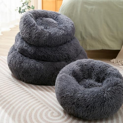 Cat Bed Plush Donut Dog Bed Fluffy Calming Pet Bed Dog Round Bed Cat Round Bed Warm Kitten Nest Rabbit Cave Kitten Bed Ideal for Small 3KG Pet - color: Dark Gray, size: 35CM