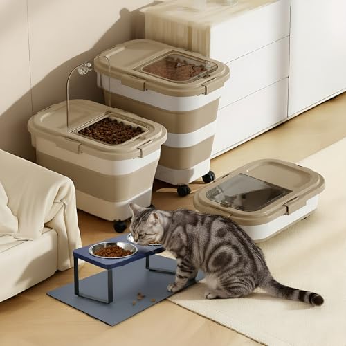 Summark Ca15 Lbs Dog/Cat Food Storage Container,Collapsible Food Storage Containers with Rolling Wheel Airtight Locking Lid,Pet Food Storage Container with Cup and Scoop,Khaki - color: Khaki