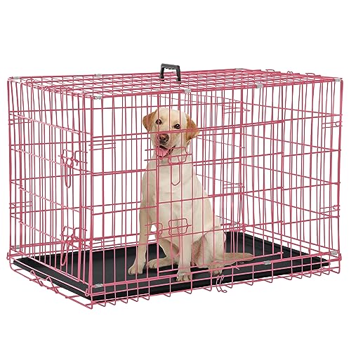 Dog Crate Dog Kennel Cage 42” Portable Foldable Indoor Outdoor Large Double Door Wire Metal Puppy Cat Pet Dog Cage with ABS Tray LC & Divider, Pink - color: Pink, size: 42 inch