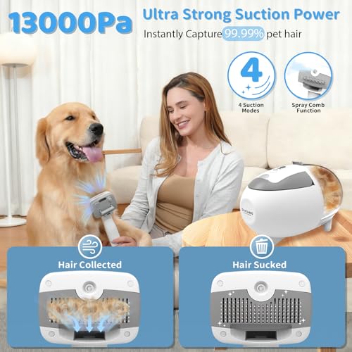 Dog Grooming Vacuum,Pet Grooming Vacuum with 2L Dust Cup & 13000Pa Suction, 6-in-1 Low Noise Pet Grooming Kit with Clipper & Steam Brush for Shedding, Professional Dog Vacuum for Dogs & Cats - color: Gray