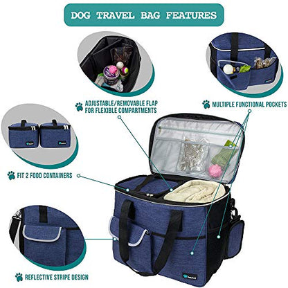 PetAmi Dog Travel Bag Organizer, Pet Travel Kit with 2 Food Containers & 2 Collapsible Dog Bowls, Pet Supplies Tote with Luggage Sleeve, Weekend Road Trip Camping Essentials, Navy Blue, Large - color: Navy, size: Large - 15.5"L x 9.5"W x 14.0"H