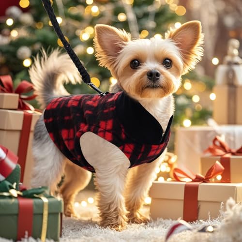 Rbenxia 1 PC Plaid Dog Sweaters with Leash Ring Soft Fleece Vest Dogs Pullover Warm Jacket Pet Dogs Clothes Winter Dog Outfits for Small Puppy Cat Pets (Black and Red, X-Small) - color: Black and Red, size: X-Small