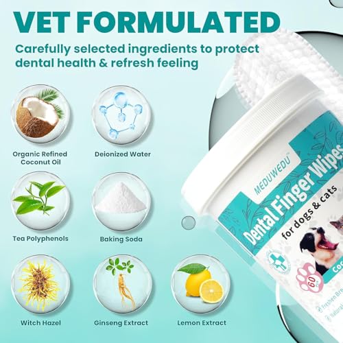 MEDUWEDU Dental Care Finger Wipes 60 Counts,Teeth Cleaning Finger Wipes for Dogs & Cats,Reduces Plaque & Freshens Breath, Mint Scent - size: 1.5" 60pcs