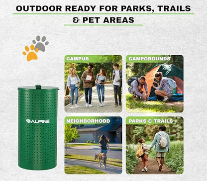 Alpine Dog Waste Station Outdoor - 13.5 Gallon Commercial Green Steel Pet Poop Trash Can for Dog Parks, HOA, Public Areas & Trails