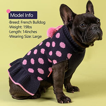 KYEESE Dog Sweaters with Leash Hole Small for Girl Dog Sweater Dress Polka Dot Knit Warm Dogs Clothes with Pom Pom Ball, XS - color: 05# Navyblue, size: X-Small (2-3lbs)