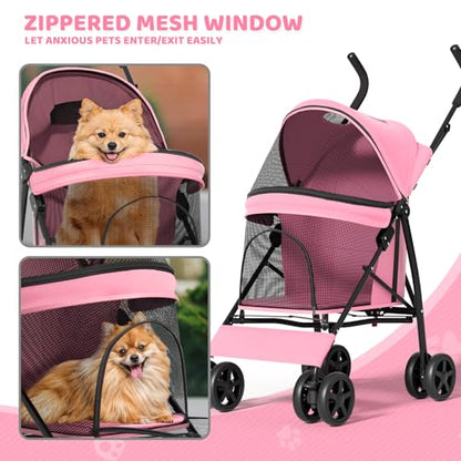 Magshion Compact Pet Stroller for Small-Medium Dogs/Cats up to 22lbs, 4-Wheel Lightweight Umbrella Shaped Portable Puppy Travel Jogger with Breathable Mesh, Cup Holder & Rear Storage, Pink - color: Pink, style: Up to 22 lbs