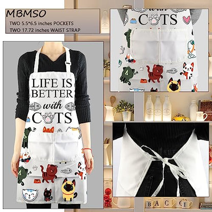 MBMSO Cat Apron With Pockets Cat Cooking Apron Funny Cat Kitchen Apron Life is Better With Cats Lover Gifts for Cat Mom gift