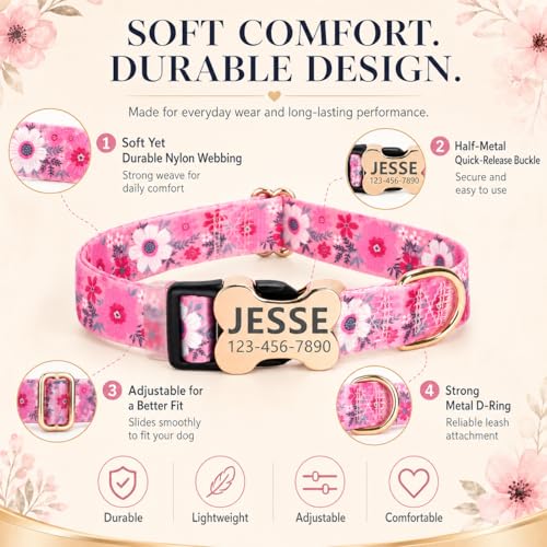 Personalized Dog Collar with Name and Phone Number,Custom Customized Engraved Silent No Jingle ID Nameplate Pet Collar with Bone Buckle,Collars for Puppies X-Small Small Medium Large X-Large Dogs