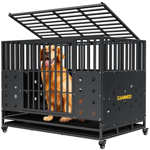 Cammoo 48'' Heavy Duty Dog Crate for Large Dogs, – Upgraded Chew-Proof Panels, Comfort-Widened Floor Panel, Dog Kennel Indoor, Adjustable Internal Height, Easy-Access Wide Door, 4 Lockable Wheels - color: Black