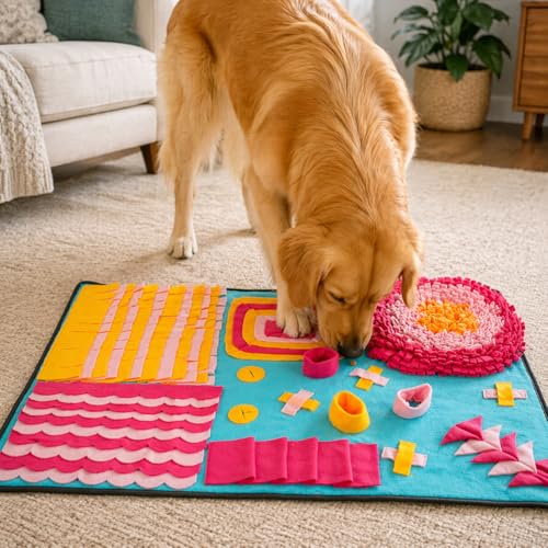 Pet Life ® 'Sniffer Snack' Multiple Treat Hiding and Engaging Pet Snuffle Mat Interactive Slow Feeding Dog Mat - color: Blue Pink and Orange