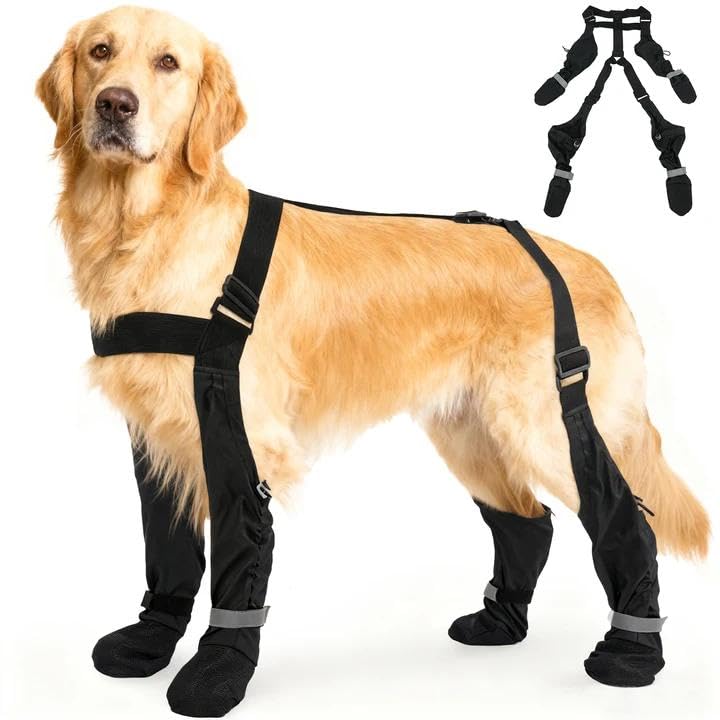 XXL Adjustable Dog Suspender Boots & Hiking Shoes, Waterproof Winter Snow Gear Boots with Anti-Slip Sole, Reflective Snowsuit Design That Helps Stay On for Cold Weather Adventures - color: Black, size: XX-Large