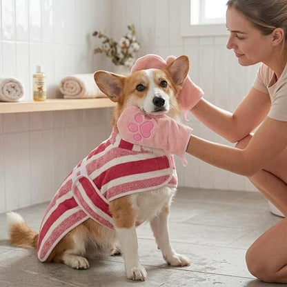 Quick Drying Dog Bathrobe - Super Absorbent Dog Bathrobe with 2 Drying Gloves Coral Fleece Quick Drying Towel for Medium Dogs Adjustable Velcro Button Closure, L Size Fits Chest 25.6±1.2 Inches - size: Large
