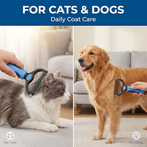 Pet Pro Grooming Tool for Dogs & Cats, 2-in-1 Blue Deshedding Brush & Wooden-Handle Steel Comb, Undercoat Rake for Long Hair Thick Coats, Painless Dematting Removes Tangles Knots & Loose Fur