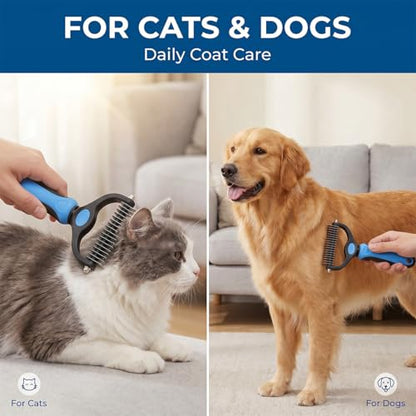 Pet Pro Grooming Tool for Dogs & Cats, 2-in-1 Blue Deshedding Brush & Wooden-Handle Steel Comb, Undercoat Rake for Long Hair Thick Coats, Painless Dematting Removes Tangles Knots & Loose Fur