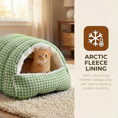 Small Cat Dog Cave Bed Calming Pet Nest Warm Plush Covered Cat House with Hooded Blanket Removable Hooded Blanket Cushion Washable Soft Calming Indoor Cat Bed(Green, Small) - color: Green, size: Small