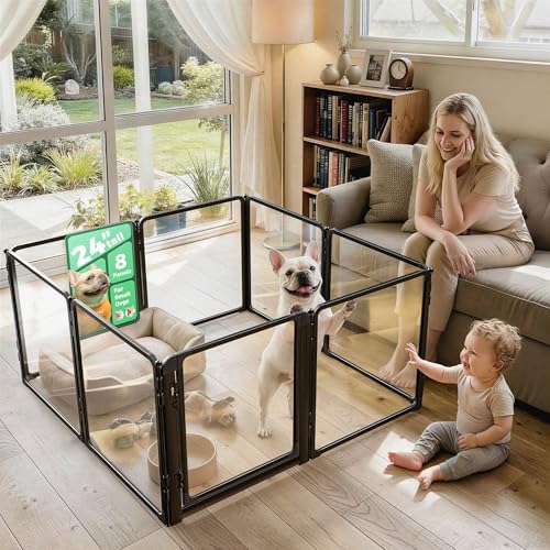 FXW AuraSpace Pro Acrylic Indoor Dog Playpen, Heavy-Duty with Metal Frame, 24" Height 8 Panels for Puppies & Small Dogs, Black│Patented - color: Black, size: 24"H