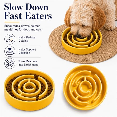 Slow Feeder Dog Bowls, Silicone Dog Bowl with Anti-Slip, Slow Feeder & Non-Slip Design, Boredom and Anxiety Reducer, Suitable for All Breed Dogs and Cat (Ceramic-Yellow) - color: Ceramic-Yellow