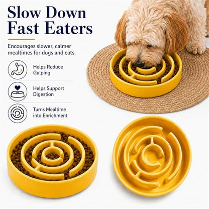 Slow Feeder Dog Bowls, Silicone Dog Bowl with Anti-Slip, Slow Feeder & Non-Slip Design, Boredom and Anxiety Reducer, Suitable for All Breed Dogs and Cat (Ceramic-Yellow) - color: Ceramic-Yellow