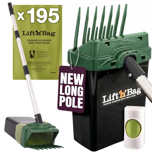 Neater Pet Brands Lift N’ Bag 2.0 Dog Pooper Scooper with Bag Attachment & 31" Pole for Small to Large Dogs, New Longer Pole, 195 Refill Bags, Heavy Duty Dog Poop Scooper for Yard, One-Hand Use - color: Green Scoop w/ Black Bin, size: 195 Bags