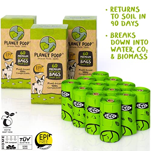 Planet Poop Biodegradable Dog Poop Bags, 180 Count, Plant-Based, Non-GMO, Leakproof, Compostable, No Microplastics - Supports Mission Pawsible in Bali - size: 60 Count (Pack of 3)