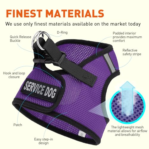 Dogline Boston Step in Mesh Dog Harness with Service Dog Patch No Choke Pet Vest Soft Gentle Padded Chest Halter for Puppies Small Medium and Large Dogs 18 to 21 inches Girth Purple - color: Purple, size: Girth 18 to 21"