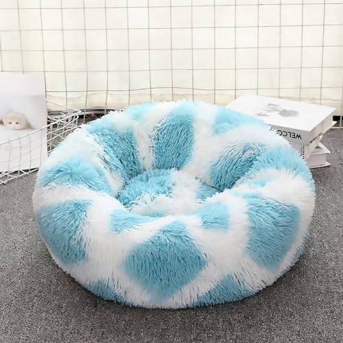 Calming Dog Bed for Small Dogs, Calming Donut Cuddler Pet Bed Anti Anxiety Round Dog Bed Fluffy Plush Faux Fur Cat Bed,Blue+White,19.7IN - color: Blue+white, size: 19.7IN
