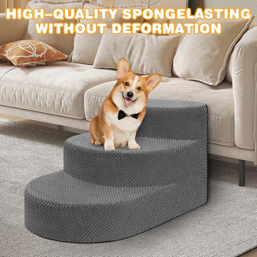 Dog Stairs 3 Steps Foam Pet Ramp for Small Dogs Cats, Grey | Non-slip foam stairs with washable cover, ideal for beds & sofas. Sturdy, safe & easy to clean. - color: Gray-3-Step
