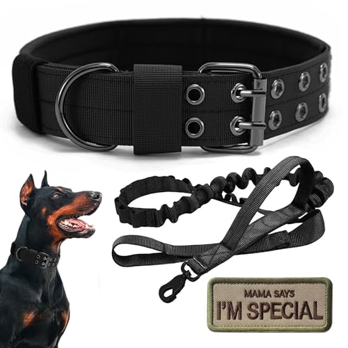 Tactical Dog Collar Military Adjustable Dog Collars Soft Nylon Training Collar with Patch Heavy Duty Metal Buckle Collars for Medium Large Dogs (Black-1, M) - color: Black-1, size: M