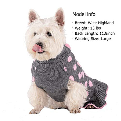 KYEESE Dog Sweater Dress Polka Dot Turtleneck Dogs Sweaters for Girl with Leash Hole Knit Pullover with Pom Pom Ball - color: 02# Polkadot (Grey), size: Large (13-19lbs)