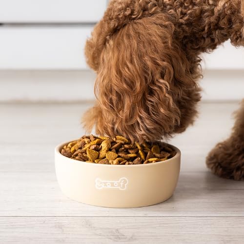 Pearhead Ceramic Dog Bowl – Neutral Taupe “Woof” Design, Holds 2.5 Cups, Non-Skid Stoneware Pet Feeding Dish, 20 oz, Medium - color: Taupe Woof Bowl, size: Medium
