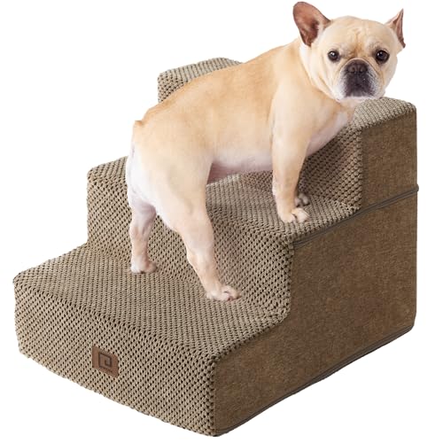 EHEYCIGA Dog Stairs for Small Dogs 13.5" H, 3-Step Dog Steps for Couch Sofa and Chair, Pet Steps for Medium Cats, Non-Slip Balanced Pet Ramp Indoor, Camel - color: Camel, size: Standard 15" x 18" x 13.5"
