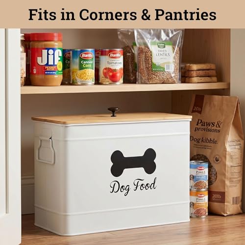 Dog Food Container Airtight 15-20 lb (70 Cup) Capacity with Metal Scoop - Cute Airtight Dog Food Storage Container with Bamboo Lid - White Metal Kibble Storage Bin for Dogs up to 100 lbs - Big Pet Jar - color: White