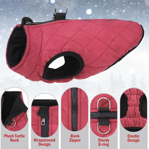 SCENEREAL Winter Dog Vest Coat with Harness Built In, Warm Puppy Jacket for Small Medium Dogs, Cold Weather Coat with Zipper, Fleece Puffer Vest Windproof Snow Clothes - color: #1 Red - Matte, size: XS(Chest 11.5")-Regular