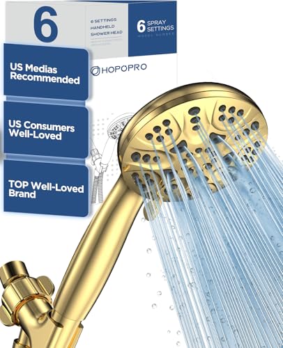 6-Mode High Pressure Handheld Shower Head Set, Consumer Reports Recommended HOPOPRO High Flow Hand Held Showerhead with 59 Inch Hose Bracket Teflon Tape Rubber Washers - color: Gold, style: 6 Modes