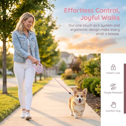2Pack Retractable Dog Leash for Small Medium Dogs One-Click Brake & Lock Anti-Slip Ergonomic Handle 360° Tangle-Free Zinc Alloy Hook Durable ABS Casing-9.84feet Pink - color: Pink, size: 2