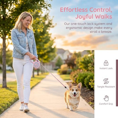 2Pack Retractable Dog Leash for Small Medium Dogs One-Click Brake & Lock Anti-Slip Ergonomic Handle 360° Tangle-Free Zinc Alloy Hook Durable ABS Casing-9.84feet Pink - color: Pink, size: 2