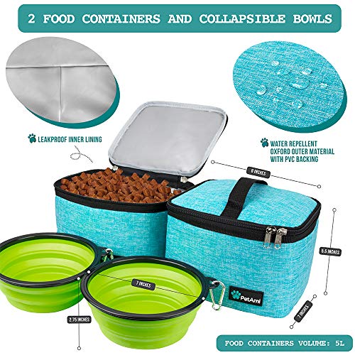 PetAmi Dog Travel Bag Organizer, Pet Travel Kit with 2 Food Containers & 2 Collapsible Dog Bowls, Pet Supplies Tote with Luggage Sleeve, Weekend Road Trip Camping Essentials, Teal Blue, Large - color: Sea Blue, size: Large - 15.5"L x 9.5"W x 14.0"H
