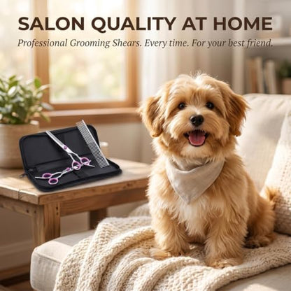 5-in-1 Pet Grooming Scissors for Dogs at Home, Stainless Steel Straight Thinning Curved Shears & Comb Pet Grooming Scissors Set with Storage Bag Hair Trimming Tools for Cat and Dog