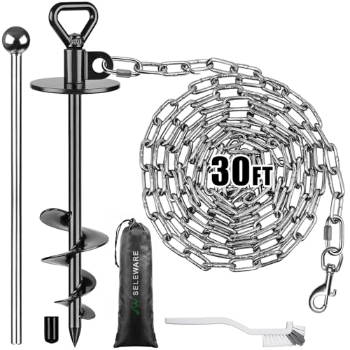 SELEWARE Dog Tie Out Stake Outdoor Anti-Rust Dog Anchor with Stainless Steel Dog Chains for Large Dogs up to 100 lbs, Free Rotation Dog Stake Dog Camping Gear 30 ft Long - color: Black-C, size: 30 ft chain + stake