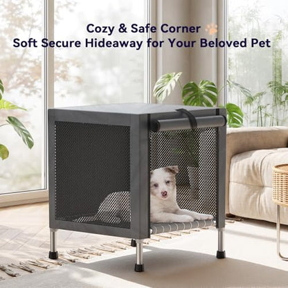 Small Stainless Steel Elevated Dog Crate with Cover, 2-in-1 Indoor & Outdoor Raised Pet House, Rust-Proof Dog Kennel with Silicone Anti-Slip Feet, Tool-Free Assembly - size: 20.0"L x 20.0"W x 24.0"H
