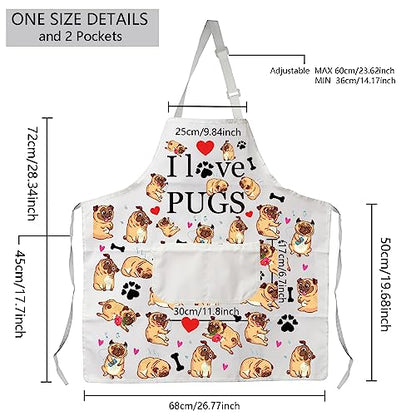MBMSO Pug Dog Aprons Pug Lovers Gifts Pug Kitchen Apron with Pockets I Love Pugs Apron Waterproof Gifts for Pug Owner Mom
