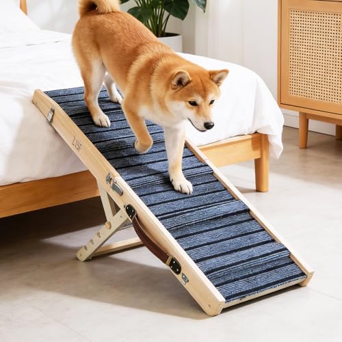 ZJSF Foldable Wooden Dog Ramp for High Bed, Dog Stairs for Small Dogs, High Traction Platform with 4 Adjustable Heights (14"-19.7"), 33" L, Supports up to 70 lbs - size: 33"L X 11.8"W
