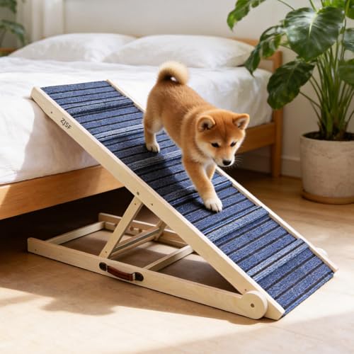 ZJSF Foldable Dog Ramp for High Bed, Wooden Dog Stairs to Bed for Small and Large Dogs, High Traction Platform with 6 Adjustable Heights (13.5"-30"), 48" L, Supports up to 230 lbs - size: 48"L X 17.4"W